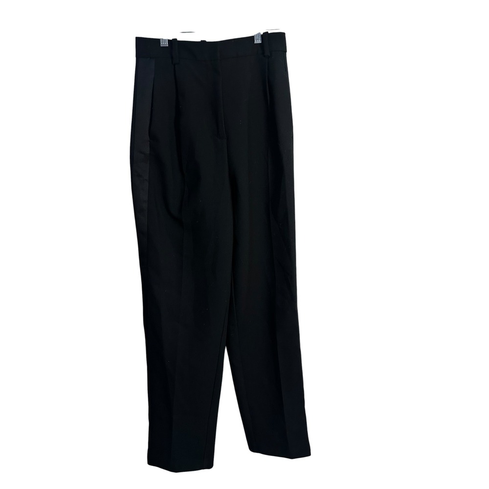Zara Womens Black High Waisted Tuxedo Trousers Satin Side Stripe Pleated Pants S